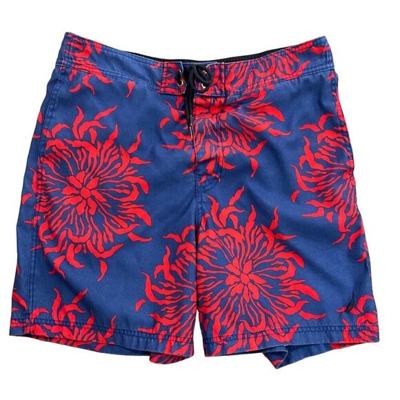 Nautica Mens Med Swim Trunks w/ Pocket Blue Red Floral Tropical Polyester Shorts - Picture 1 of 8